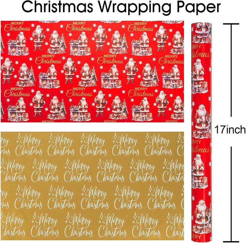 MAYPLUSS Christmas Wrapping Paper Roll - 17IN X 33FT - Red Gift Wrapping Paper Featuring Santa Claus Fireplace Against Red Reversible Merry Christmas for Kids, Holiday, New Year - Image 4